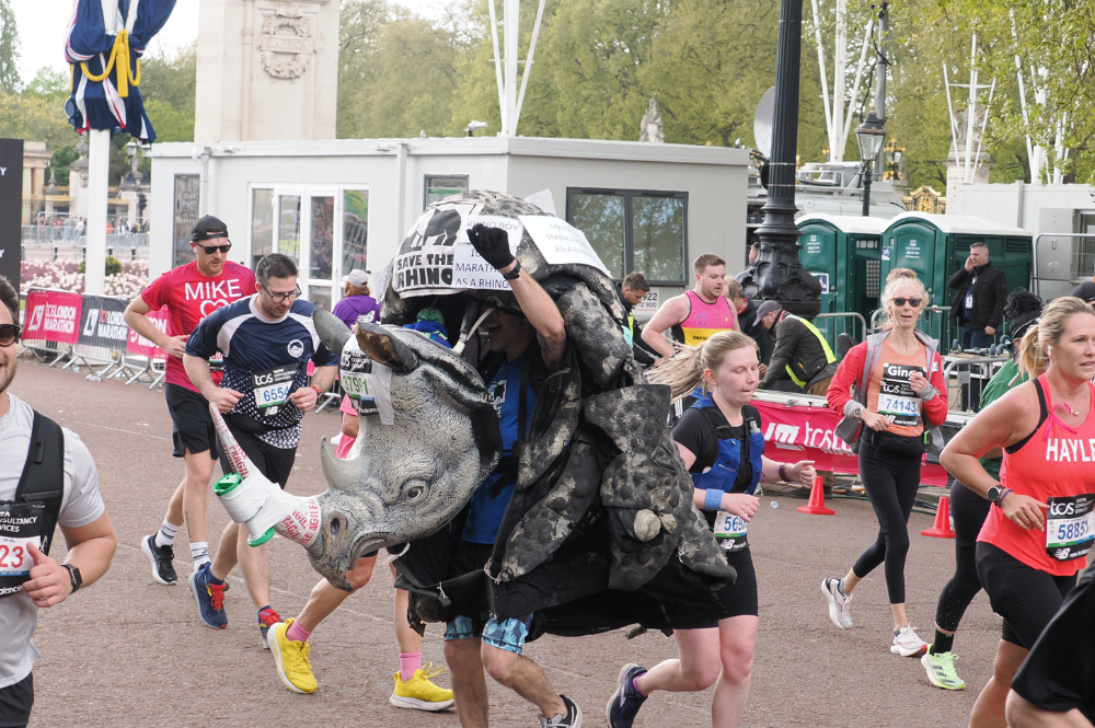 A man in a rhino costume during the London Marathon.