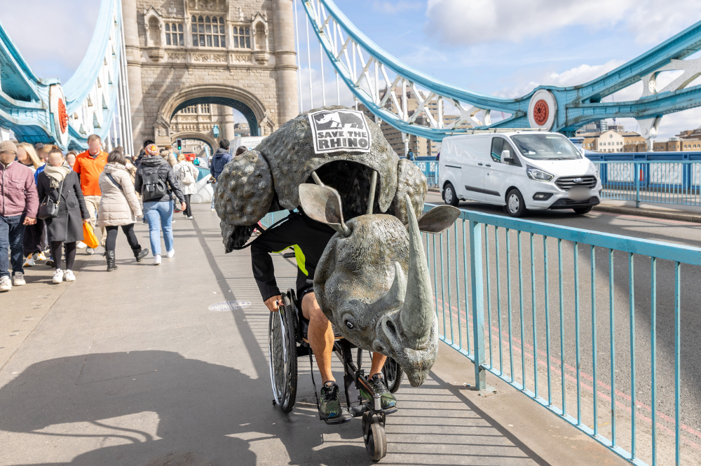 Rhino wheelchair costume going over Tower Bridge in London.