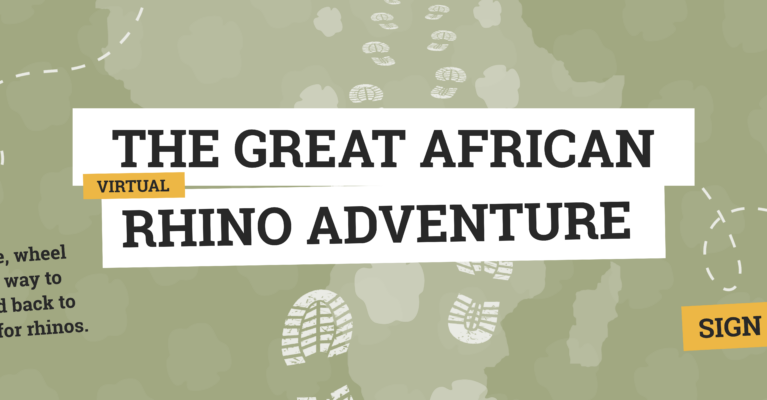 Graphic for the Great African Rhino Adventure with footprints. Text: The Great African Rhino Adventure. Run, walk, cycle, wheel or swim all the way to South Africa and back to raise vital funds for rhinos