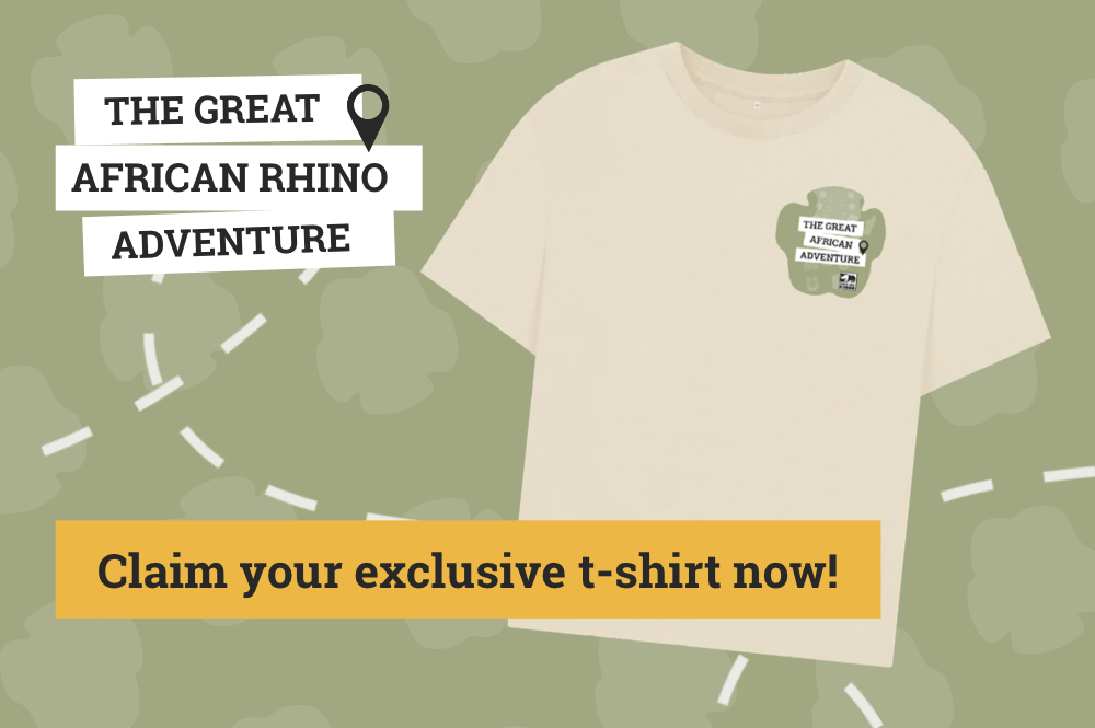 T-shirt front with footprints. Text: The Great African Rhino Adventure.