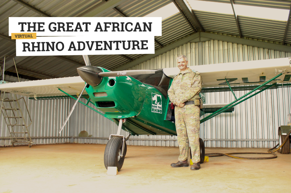 Man standing next to a small, green aircraft. Text: The Great African Rhino Adventure (virtual)