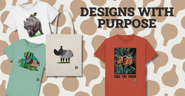 T-shirts and tote bags with different rhino designs displayed. Text: Designs with purpose