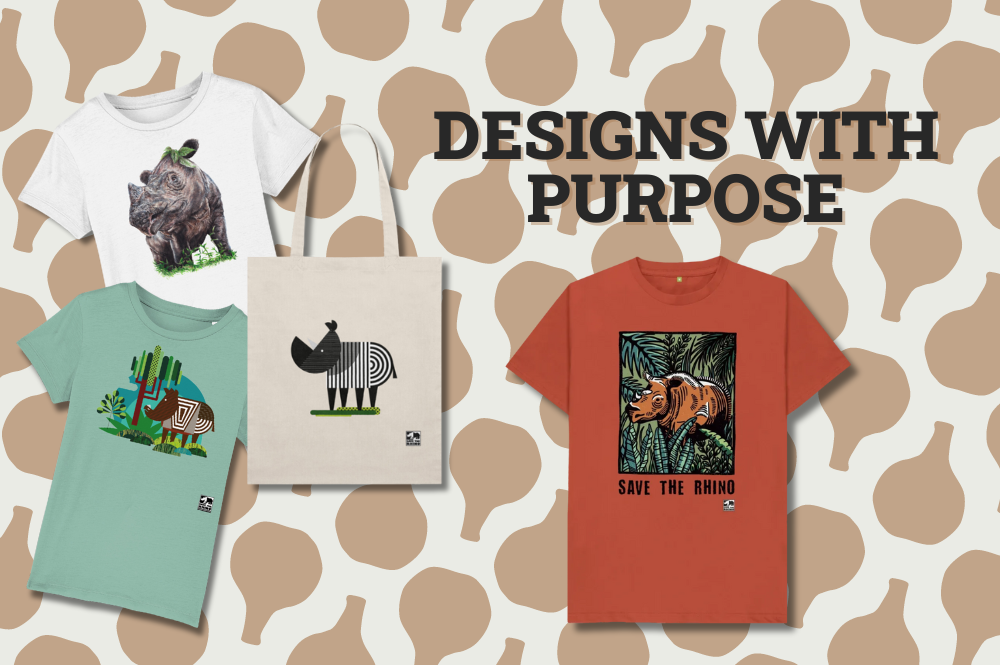 T-shirts and tote bags with different rhino designs displayed. Text: Designs with purpose