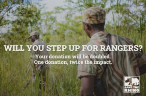Two men walking through grass. Text: Will you step up for rangers? Your donation will be doubled. One donation. Twice the impact.