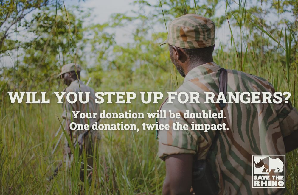 Two men walking through grass. Text: Will you step up for rangers? Your donation will be doubled. One donation. Twice the impact.