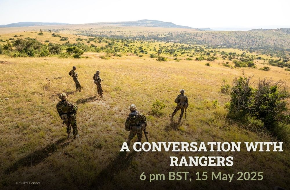 Five men looking across a rolling green landscape. Text: A Conversation with Rangers. 6pm BST, 15 May 2025