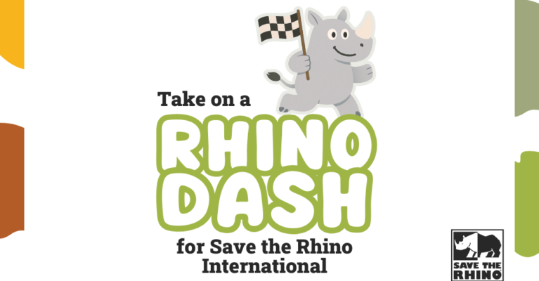 Graphic rhino holding chequered flag. Text says: Take on a rhino dash for Save the Rhino International