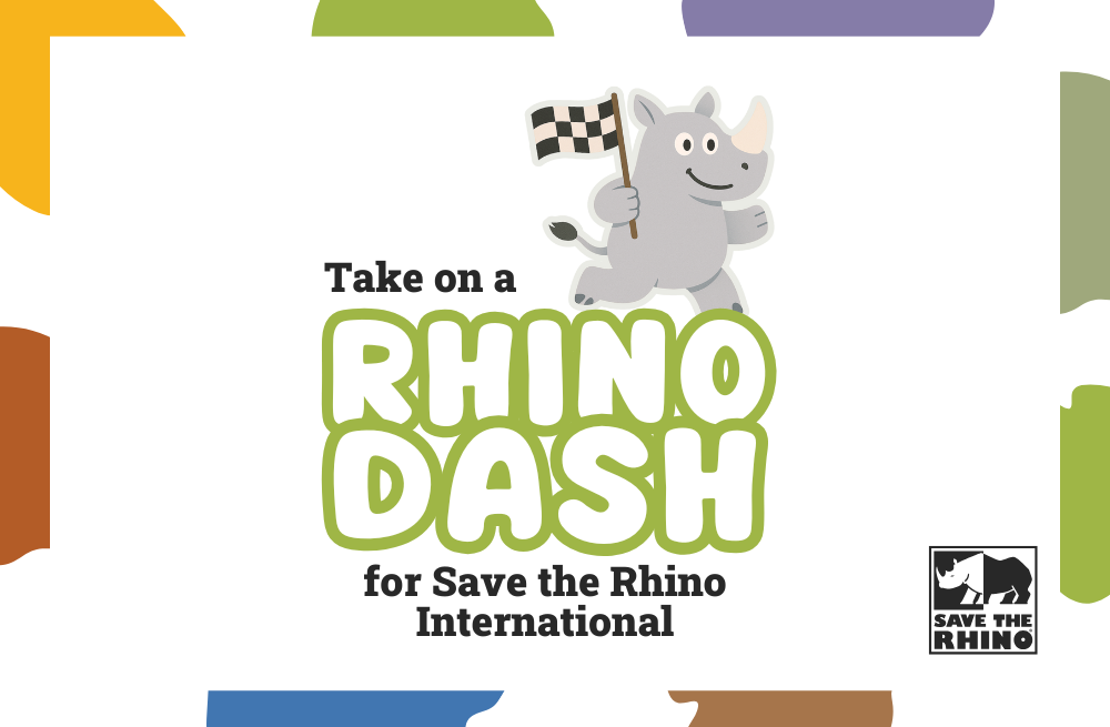 Graphic rhino holding chequered flag. Text says: Take on a rhino dash for Save the Rhino International