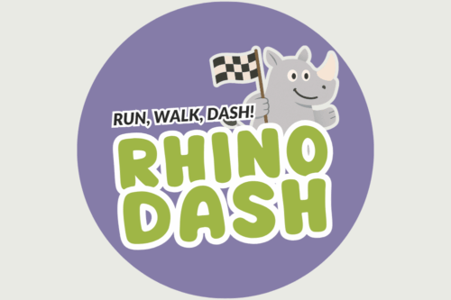 Logo image of the Save the Rhino Rhino Dash. Text: The Rhino Dash!