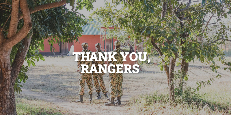Three rangers talking in uniform outside. Text: Thank you, rangers