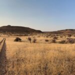 View of Kunene desert landscape with vehicle tracks.