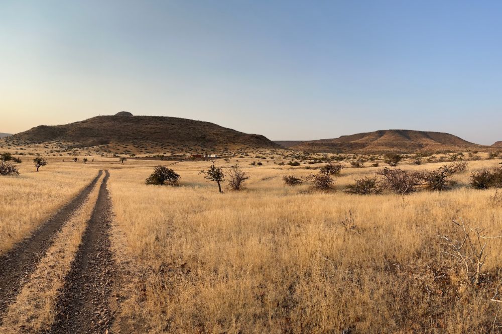 View of Kunene desert landscape with vehicle tracks.