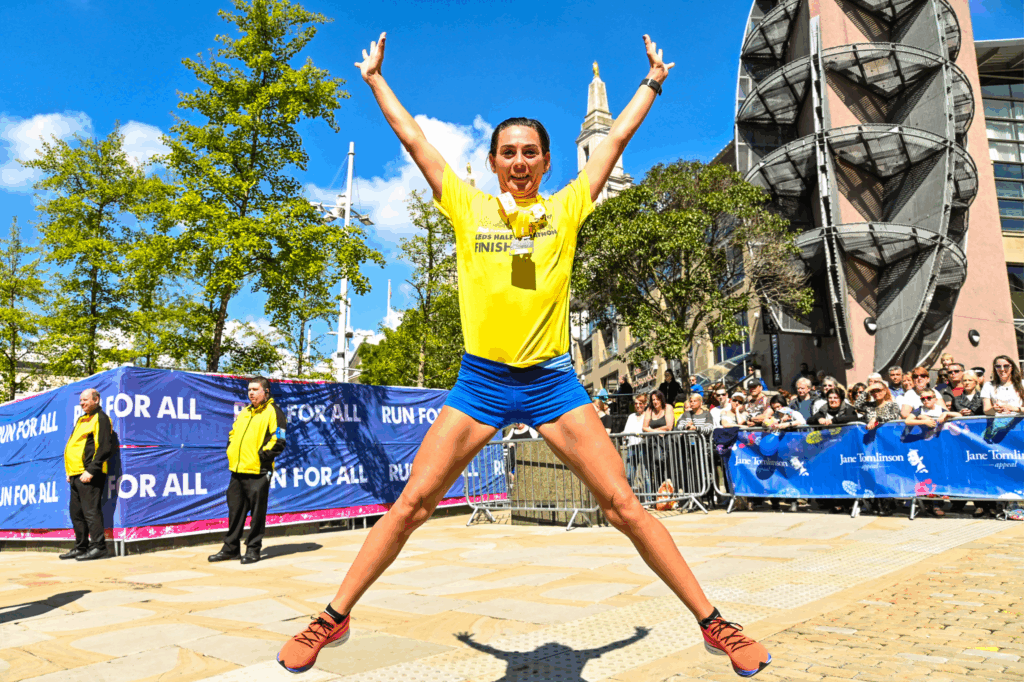 Jumping participant of Leeds Half Marathon